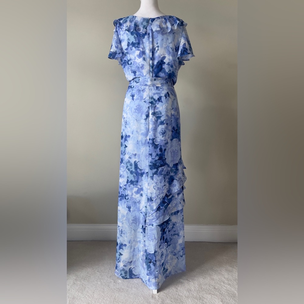 Eliza J Asymmetrical Blue Floral Ruffle Cap Sleeve Surplice V Neck Maxi Dress - Picture 7 of 11
